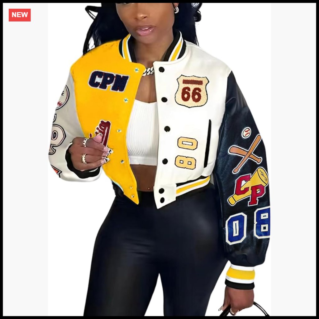 Faux Leather Varsity Bomber Jacket Cropped Patches Print Street Style Button